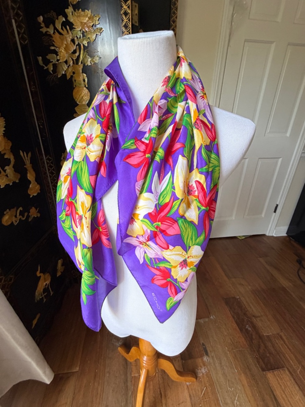 Vibrant Vintage Purple Floral Silk Scarf